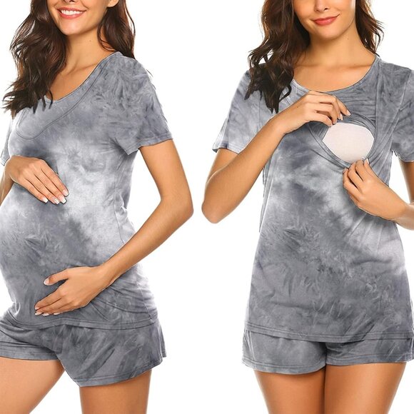 Maternity Nursing Pajamas Set Short Sleeve Breastfeeding Sleepwear Double Layer - Picture 1 of 6